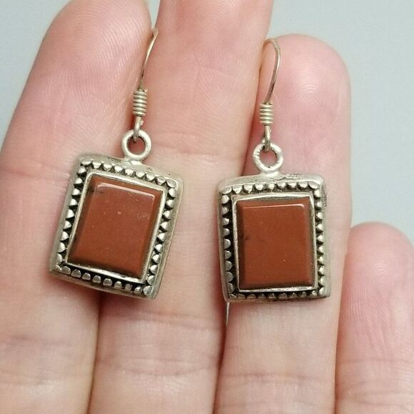 Vintage Sterling Silver Rectangle Red Stone Dangle Earrings, Minimal Design, 925 - Picture 1 of 9